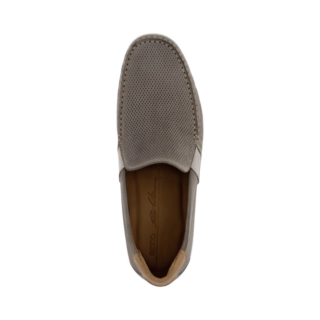 Top view of the ECCO S Lite Moccasin Slip-On in Warm Grey displaying the premium nubuck upper, decorative moc-toe stitching, easy slip-on opening, soft textile lining, and removable inlay sole designed to provide a tailored fit while accommodating custom orthotics or supportive inserts.