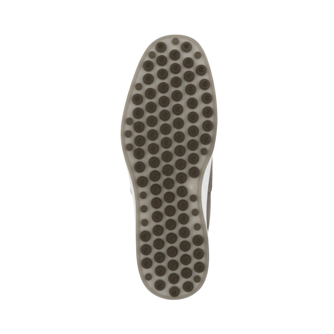 Bottom outsole view of the ECCO S Lite Moccasin Slip-On in Warm Grey featuring the ultra-light PU outsole engineered to provide flexible traction and shock absorption without added weight while FLUIDFORM™ Direct Comfort Technology and cushioned support help provide comfort for conditions such as plantar fasciitis, flat feet, overpronation, metatarsalgia, arthritis, joint sensitivity, and general foot fatigue.