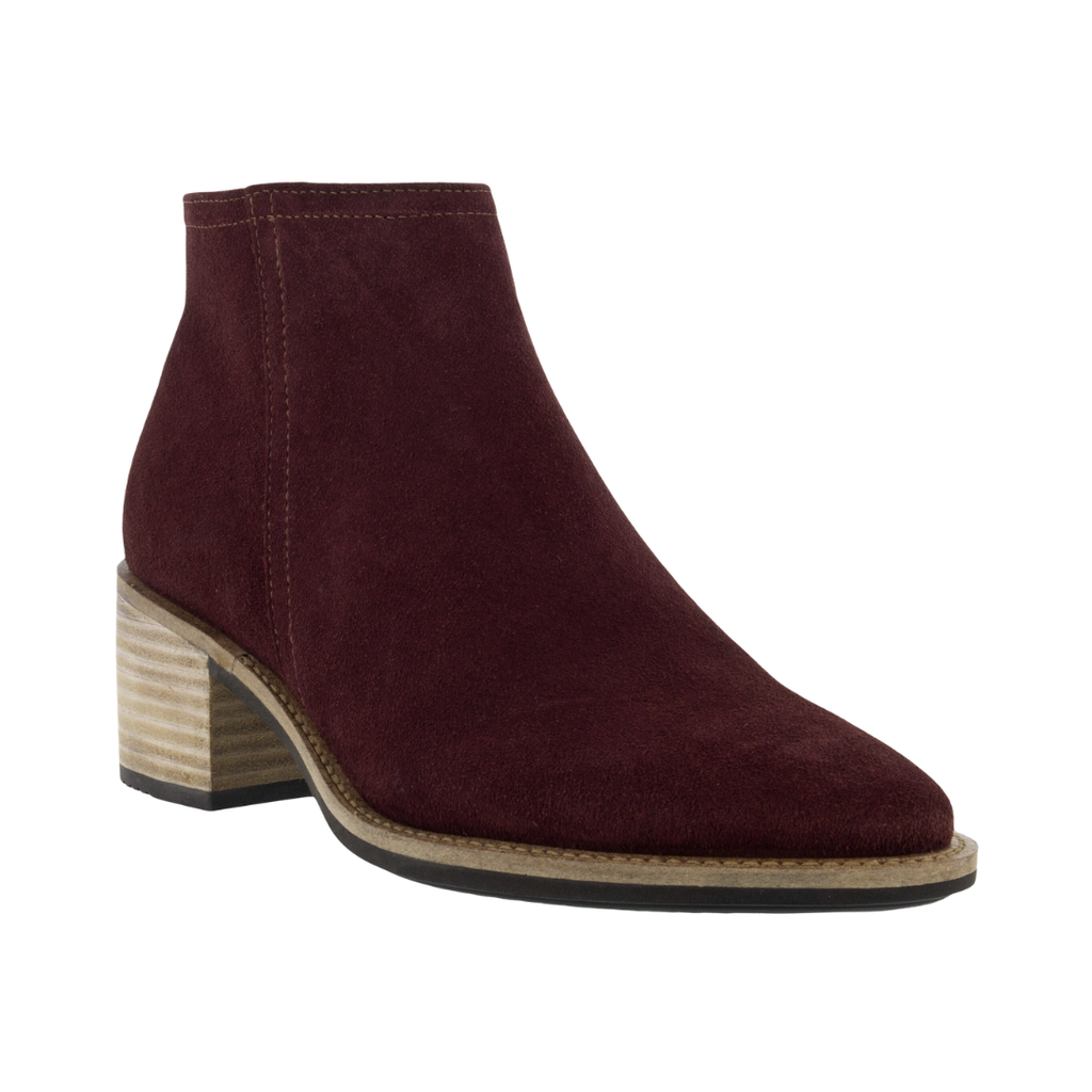 ECCO Women’s Shape 35 Sartorelle Ankle Boot in Andorra featuring a premium burgundy suede upper, side zip closure, ECCO SHAPE Technology, FLUIDFORM™ Direct Comfort Technology, removable orthotic-friendly insole, 35mm stacked heel, and breathable textile lining for refined style and supportive comfort.