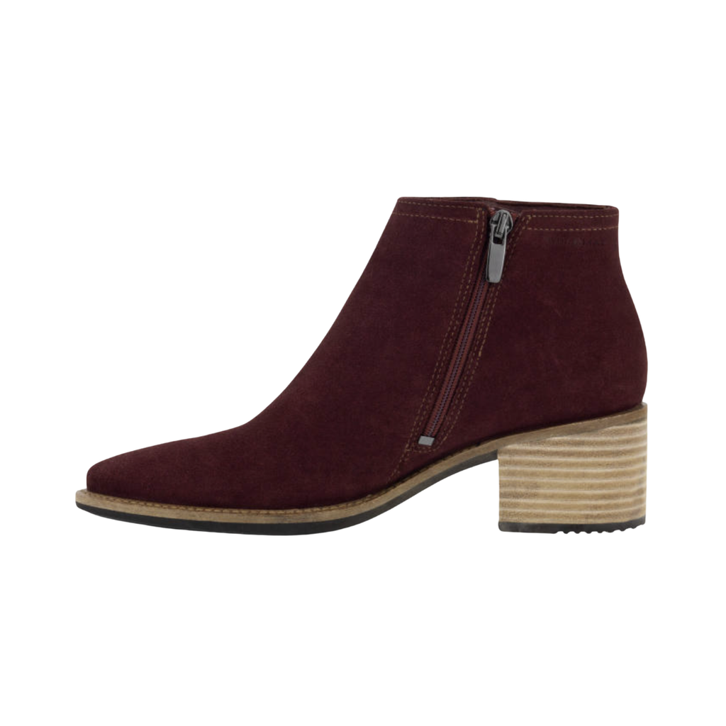 ECCO Women’s Shape 35 Sartorelle Ankle Boot in Andorra featuring a premium burgundy suede upper, side zip closure, ECCO SHAPE Technology, FLUIDFORM™ Direct Comfort Technology, removable orthotic-friendly insole, 35mm stacked heel, and breathable textile lining for refined style and supportive comfort.