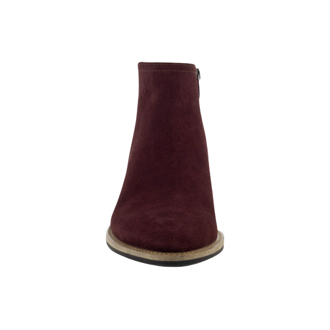 Front view of the ECCO Women’s Shape 35 Sartorelle Ankle Boot in Andorra showcasing the rich wine-hued suede upper, streamlined ankle boot silhouette, rounded toe, and 35mm stacked heel designed for polished professional and everyday wear.