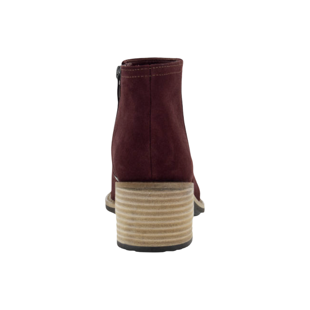 Back heel view of the ECCO Women’s Shape 35 Sartorelle Ankle Boot in Andorra highlighting the supportive ankle construction, 35mm stacked heel, FLUIDFORM™ cushioned sole, and ECCO SHAPE Technology designed to enhance stability, balance, and natural movement.