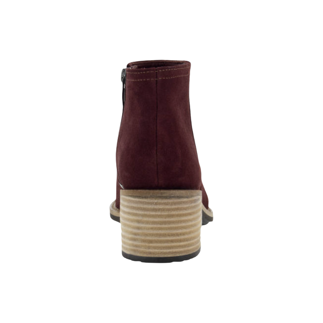 Back heel view of the ECCO Women’s Shape 35 Sartorelle Ankle Boot in Andorra highlighting the supportive ankle construction, 35mm stacked heel, FLUIDFORM™ cushioned sole, and ECCO SHAPE Technology designed to enhance stability, balance, and natural movement.