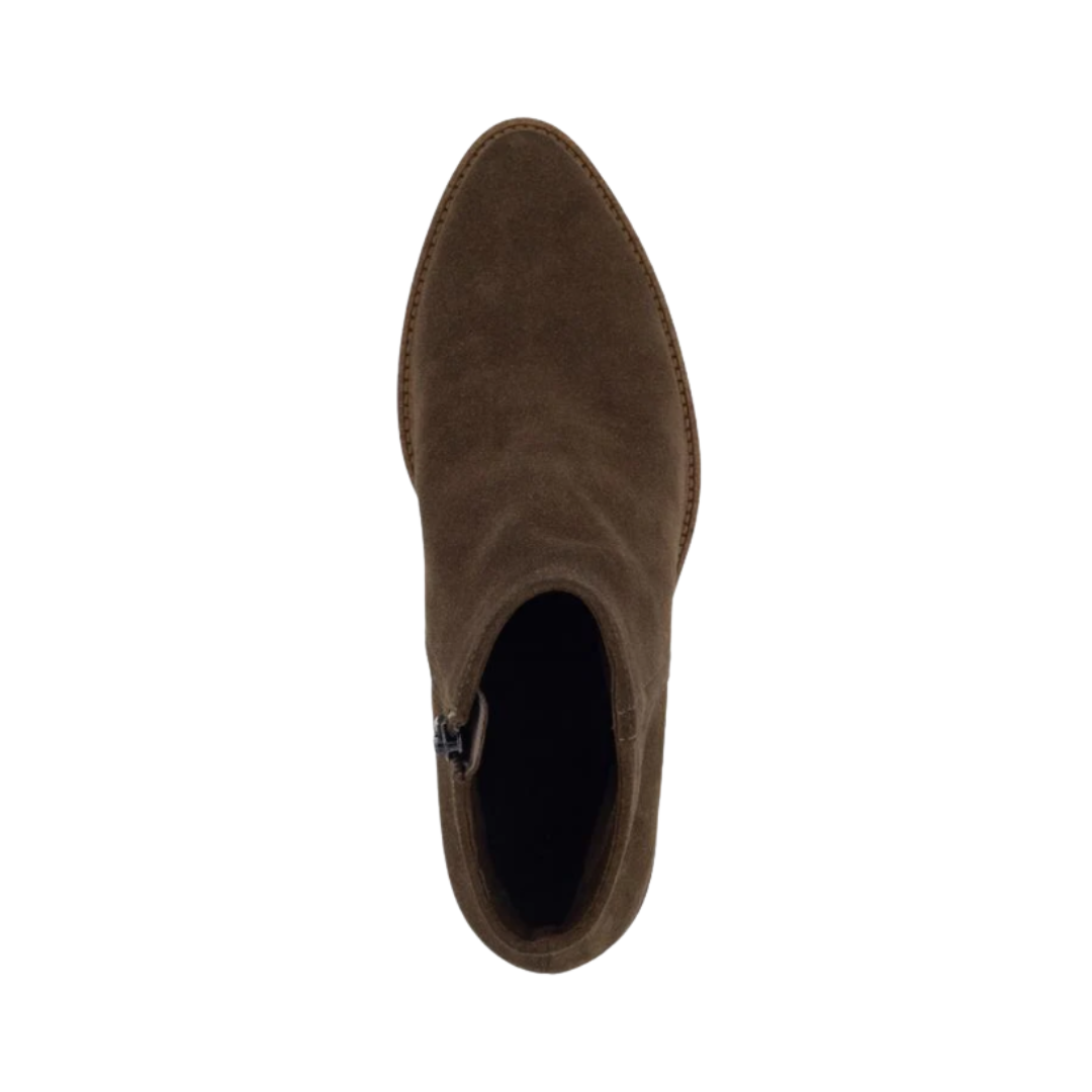 Top view of the ECCO Women’s Shape 35 Sartorelle Ankle Boot in Andorra displaying the premium suede upper, streamlined side zip closure, breathable textile lining, and removable cushioned insole designed for easy on/off and compatibility with custom orthotics or supportive inserts.