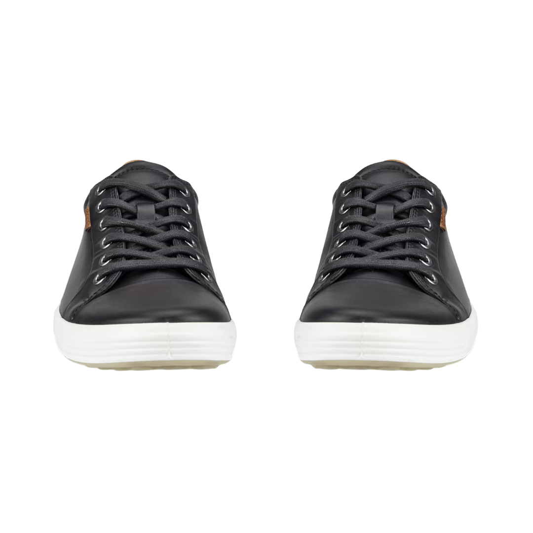 Front view of the ECCO Women’s Soft 7 Sneaker in Black showcasing the smooth leather upper, rounded toe, full lace-up closure, and minimalist silhouette designed for a secure fit and comfortable everyday wear.