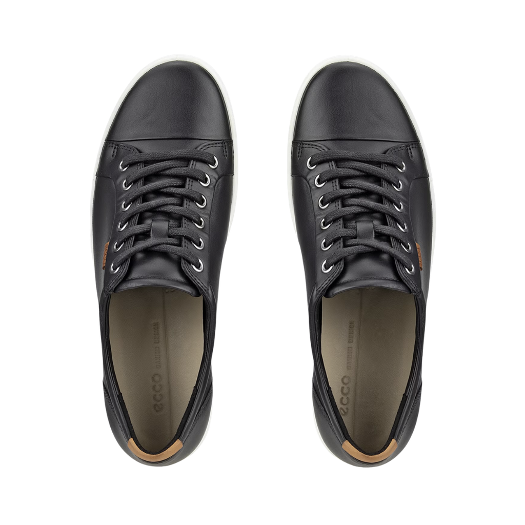 Top view of the ECCO Women’s Soft 7 Sneaker in Black displaying the premium leather upper, full lace-up system, removable leather-covered insole, breathable textile lining, and streamlined design engineered to provide a customizable fit while accommodating custom orthotics or supportive inserts.