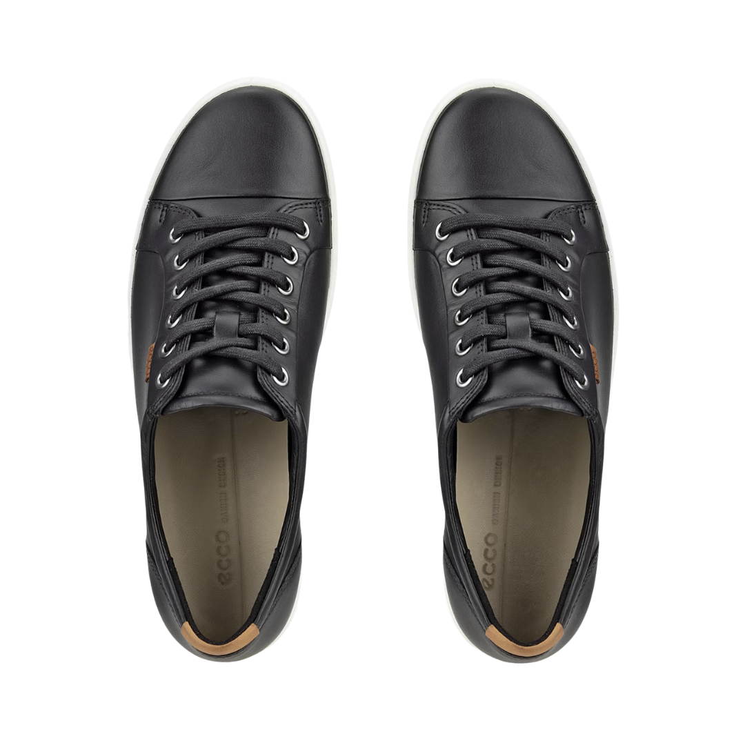 Top view of the ECCO Women’s Soft 7 Sneaker in Black displaying the premium leather upper, full lace-up system, removable leather-covered insole, breathable textile lining, and streamlined design engineered to provide a customizable fit while accommodating custom orthotics or supportive inserts.