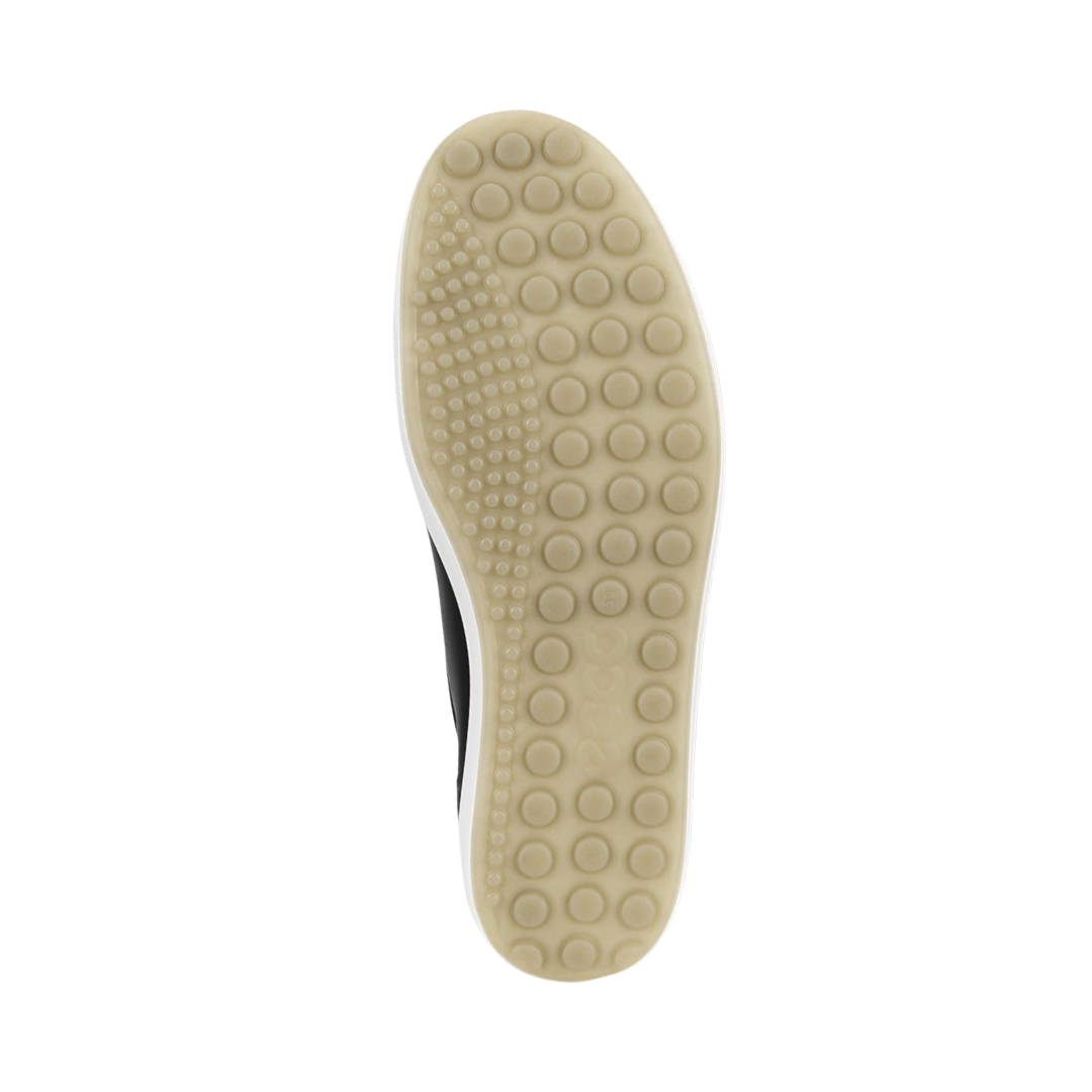 Bottom outsole view of the ECCO Women’s Soft 7 Sneaker in Black featuring the durable PU/TPU outsole engineered to provide lightweight traction and flexibility while FLUIDFORM™ Direct Comfort Technology and cushioned support help provide comfort for conditions such as plantar fasciitis, flat feet, fallen arches, metatarsalgia, sensitive feet, and general foot fatigue.
