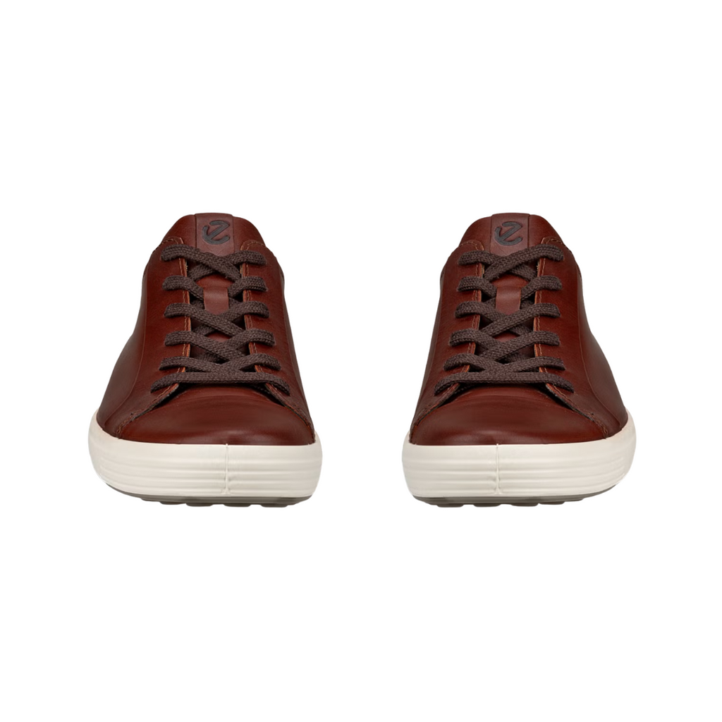 Front view of the ECCO Men’s Soft 7 City Sneaker in Cognac, emphasizing the lace-up closure, smooth leather upper, and anatomically shaped forefoot for natural movement.