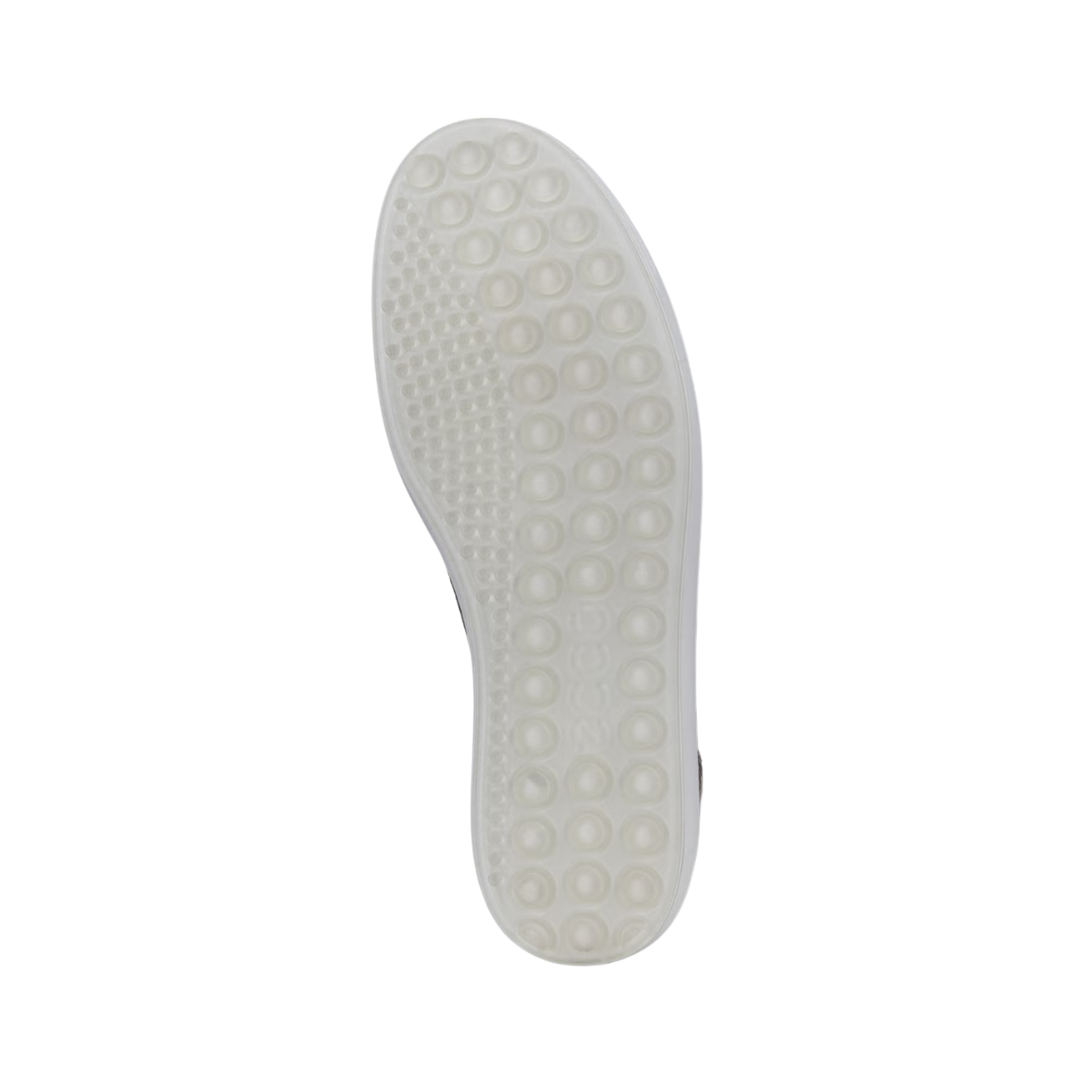 Bottom outsole view of the ECCO Women’s Soft 7 Sneaker in Pure White Gold featuring the durable PU/TPU outsole engineered to provide lightweight traction and flexibility while FLUIDFORM™ Direct Comfort Technology and cushioned support help provide comfort for conditions such as plantar fasciitis, flat feet, fallen arches, metatarsalgia, sensitive feet, and general foot fatigue.