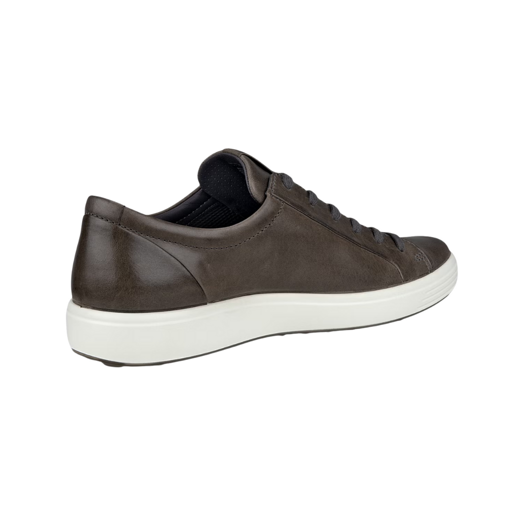 Back heel view of the ECCO Soft 7 City Sneaker in Titanium highlighting the supportive heel construction, breathable textile lining, cushioned FLUIDFORM™ sole, and durable PU/TPU outsole designed to provide stability, flexibility, and shock absorption during all-day wear.