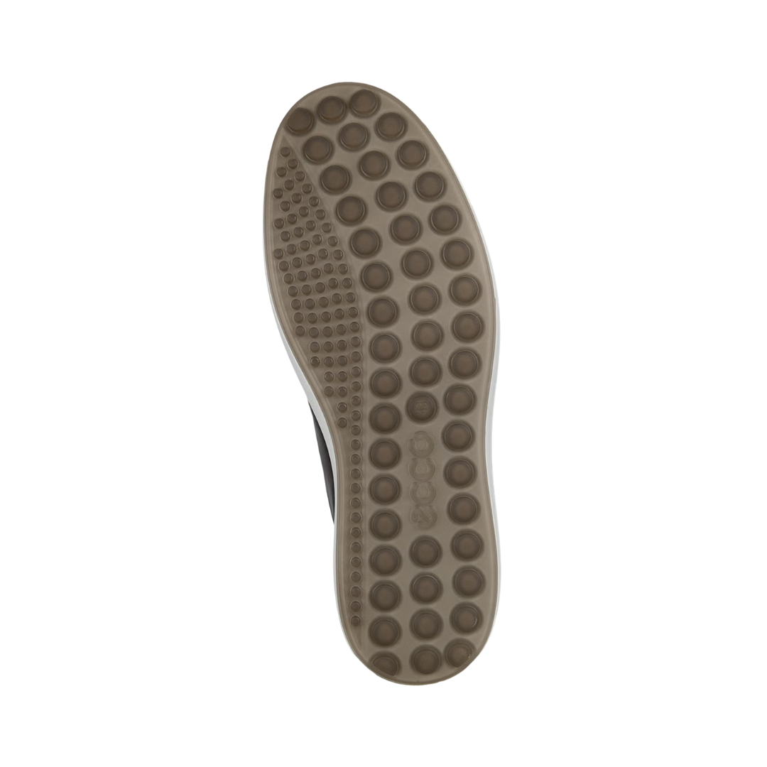 Bottom outsole view of the ECCO Soft 7 City Sneaker in Titanium featuring the durable PU/TPU outsole engineered to provide reliable traction, flexibility, and long-lasting comfort while FLUIDFORM™ Direct Comfort Technology and cushioned support help provide comfort for conditions such as plantar fasciitis, overpronation, flat feet, metatarsalgia, arthritis, joint pain, and general foot fatigue.