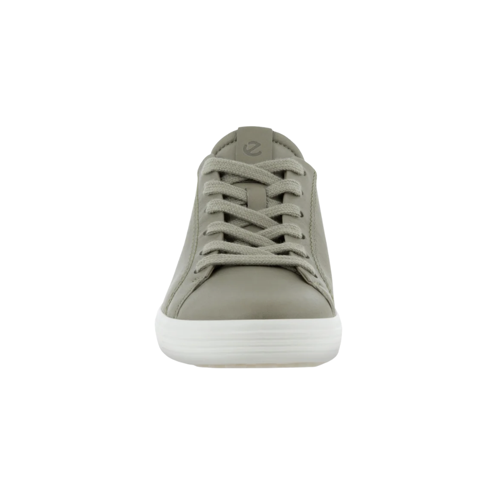 Front view of the ECCO Women’s Soft 7 Street Sneaker in Vetiver/Limestone showcasing the full-grain yak leather upper, rounded toe, traditional lace-up closure, and clean Scandinavian-inspired design created for walking, travel, commuting, and everyday wear.