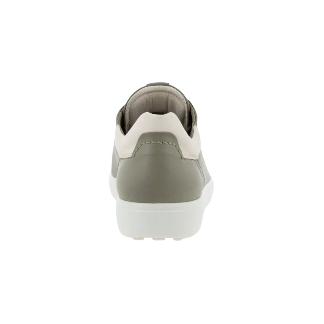 Back heel view of the ECCO Women’s Soft 7 Street Sneaker in Vetiver/Limestone highlighting the supportive heel construction, soft textile and leather lining, cushioned FLUIDFORM™ sole, and lightweight design engineered to provide stability, shock absorption, and lasting comfort.