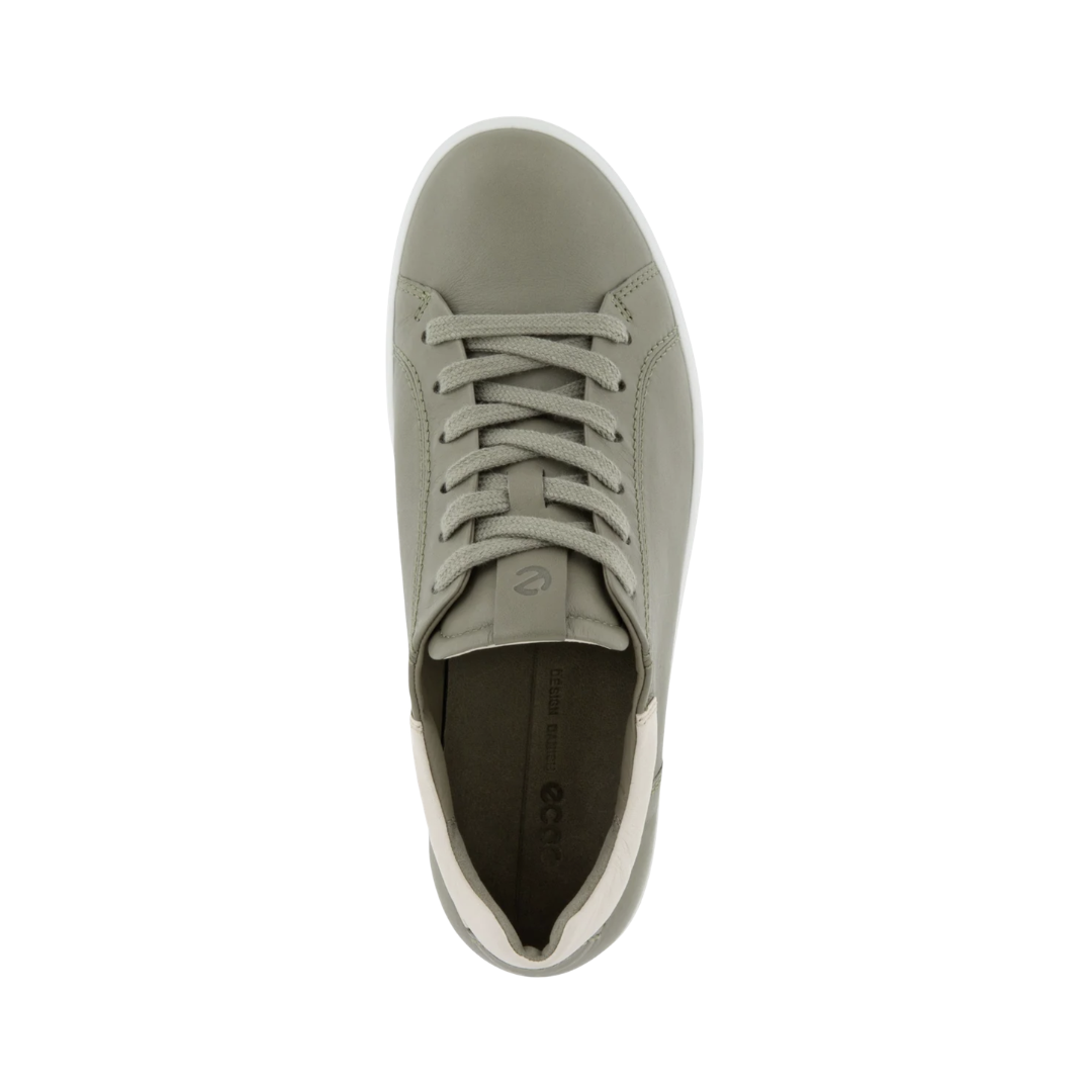 Top view of the ECCO Women’s Soft 7 Street Sneaker in Vetiver/Limestone displaying the premium yak leather upper, textile laces, soft leather and textile lining, and removable leather-covered insole designed to provide a secure, adjustable fit while accommodating custom orthotics or alternative inserts.