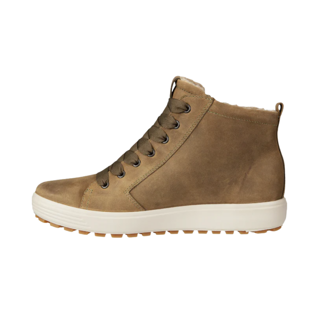 ECCO Women’s Soft 7 Tred GTX High in Sage featuring a premium nubuck leather upper, GORE-TEX® waterproof technology, warm textile lining, FLUIDFORM™ Direct Comfort Technology, high-top silhouette, removable leather-covered insole, and rugged rubber outsole designed for comfortable cold-weather performance.