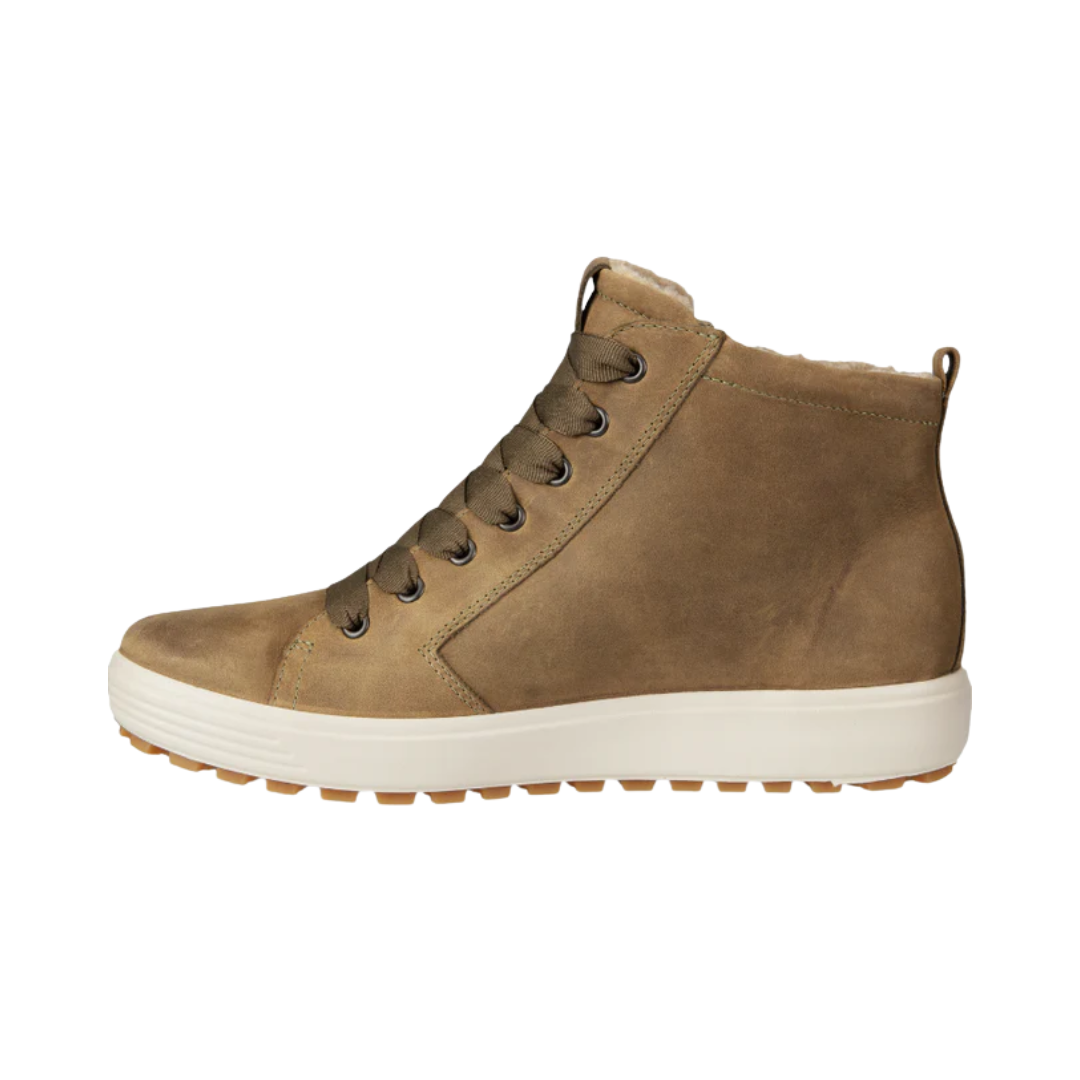 ECCO Women’s Soft 7 Tred GTX High in Sage featuring a premium nubuck leather upper, GORE-TEX® waterproof technology, warm textile lining, FLUIDFORM™ Direct Comfort Technology, high-top silhouette, removable leather-covered insole, and rugged rubber outsole designed for comfortable cold-weather performance.