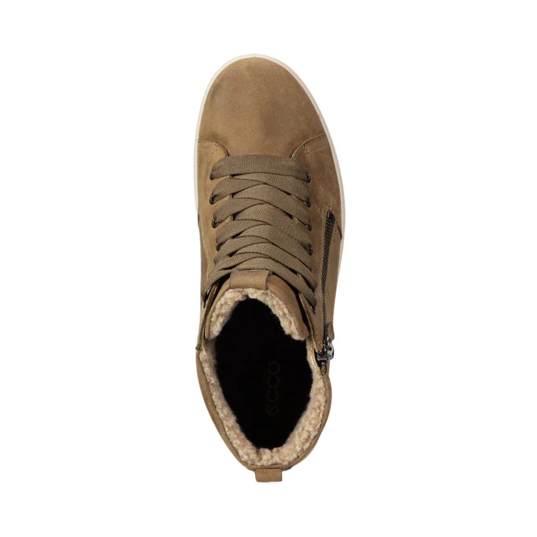 Top view of the ECCO Women’s Soft 7 Tred GTX High in Sage displaying the premium nubuck upper, lace-up closure, warm textile lining, and removable leather-covered insole designed to provide a secure, adjustable fit while accommodating custom orthotics or supportive inserts.