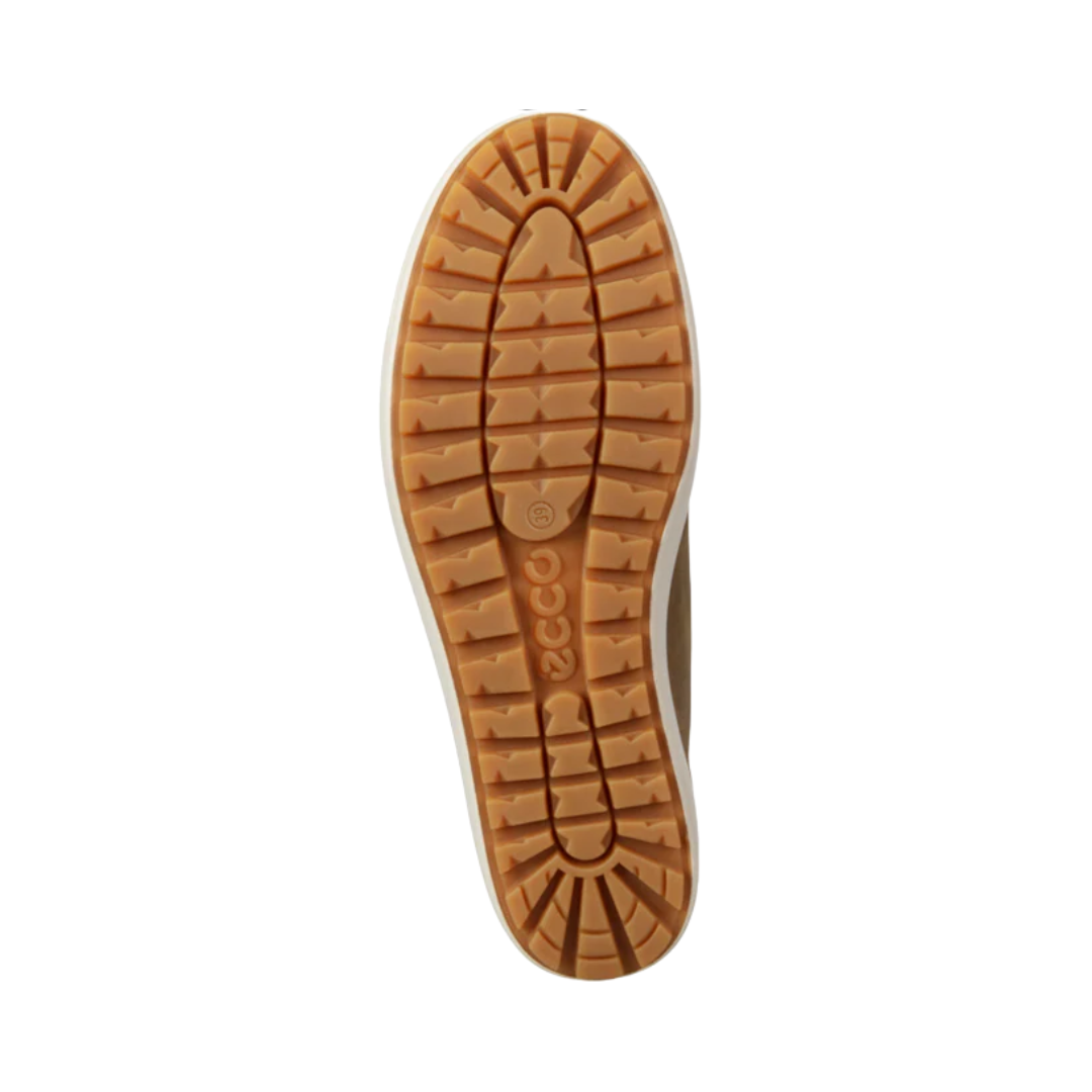Bottom outsole view of the ECCO Women’s Soft 7 Tred GTX High in Sage featuring the rugged rubber outsole engineered to provide reliable traction on slick, wet, or uneven surfaces while FLUIDFORM™ Direct Comfort Technology and cushioned support help provide comfort for conditions such as plantar fasciitis, flat feet, overpronation, heel pain, ankle instability, and cold feet.