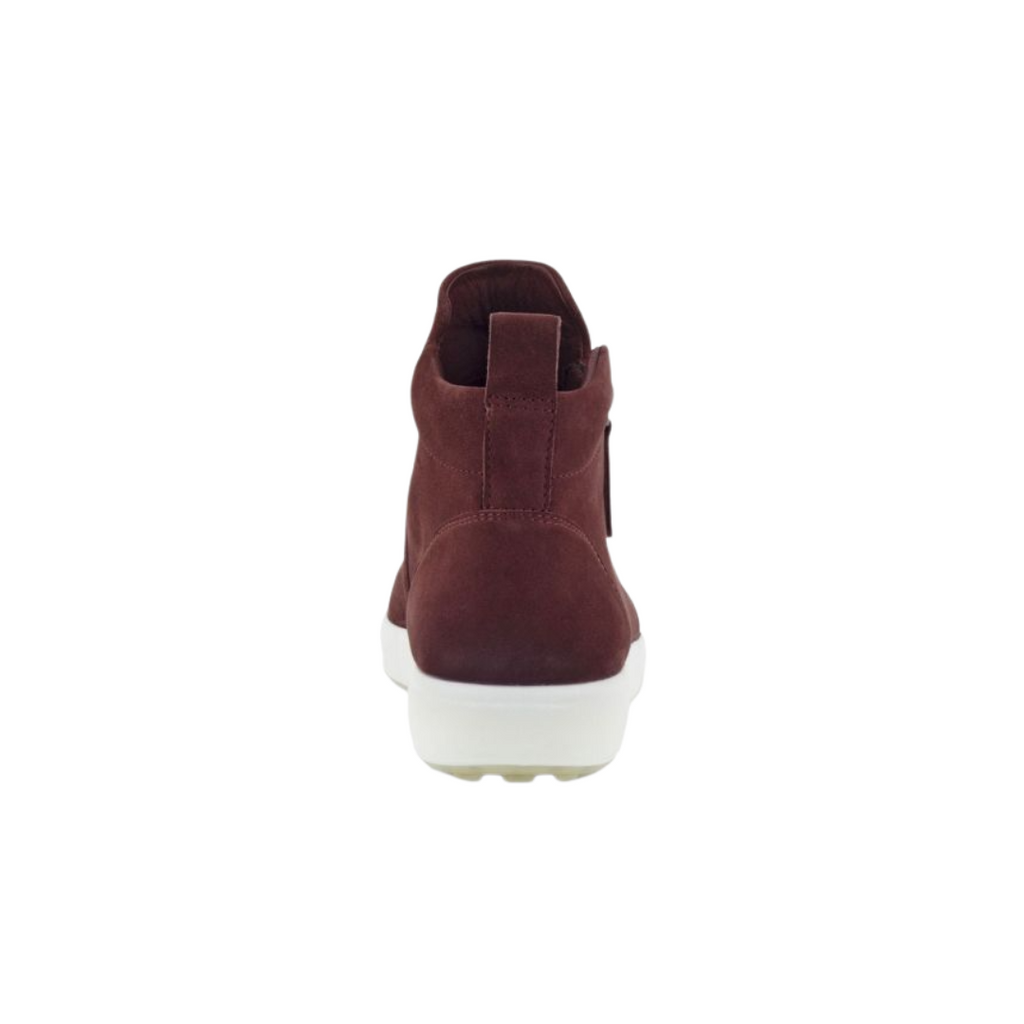Back heel view of the ECCO Women’s Soft 7 Zip Bootie in Andorra highlighting the supportive ankle-height construction, cushioned FLUIDFORM™ sole, and durable PU/TPU outsole designed to provide stability, flexibility, shock absorption, and lasting comfort.