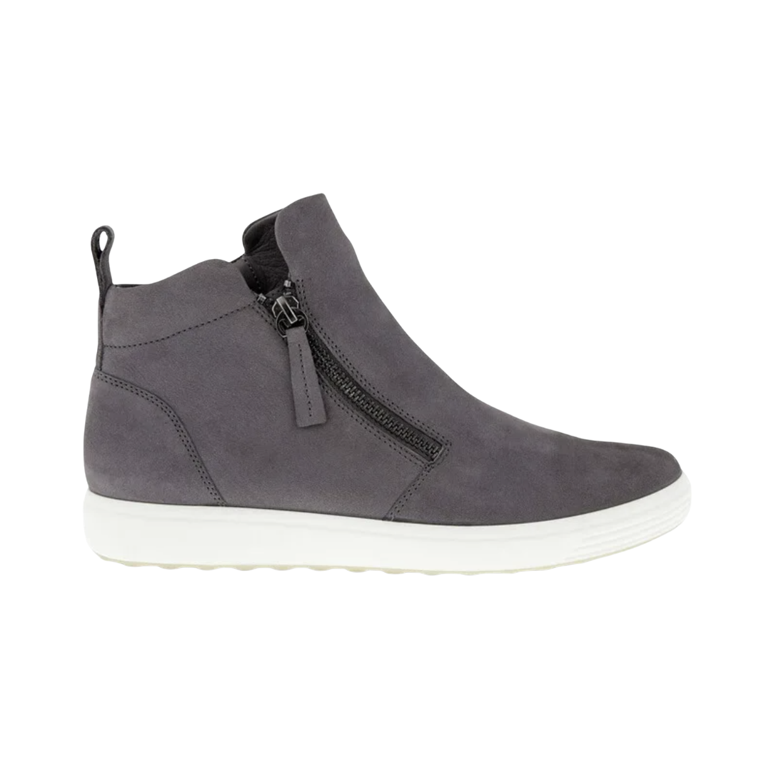 ECCO Women’s Soft 7 Zip Bootie in Gravity featuring a rich dark grey nubuck upper, convenient side zippers, FLUIDFORM™ Direct Comfort Technology, anatomically designed last, removable leather-covered insole, and durable PU/TPU outsole for lightweight, supportive everyday comfort.