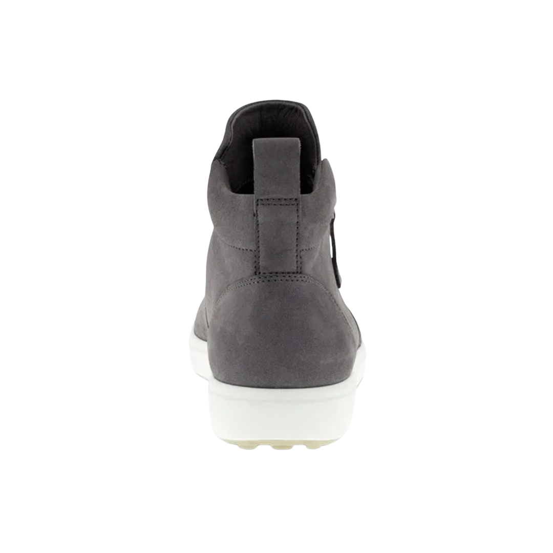Back heel view of the ECCO Women’s Soft 7 Zip Bootie in Gravity highlighting the supportive ankle-height construction, cushioned FLUIDFORM™ sole, and durable PU/TPU outsole designed to provide stability, flexibility, shock absorption, and lasting comfort.