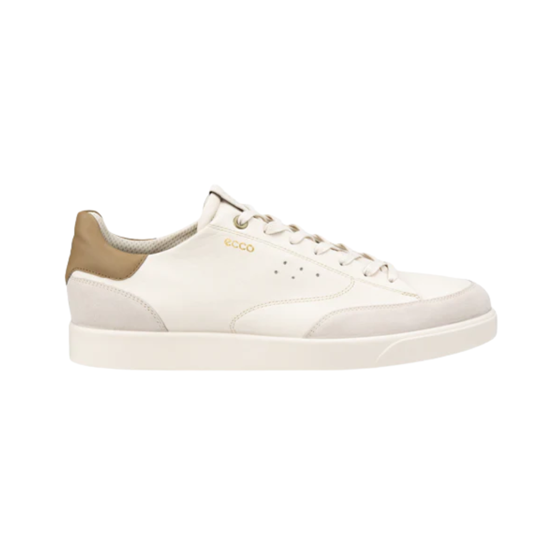 Side view of the ECCO Men’s Street Lite Luxe in Limestone/Nutmeg Brown, showcasing the premium leather and suede upper, vintage-inspired low-top sneaker silhouette, and FLUIDFORM™ cushioned midsole for flexible everyday support.