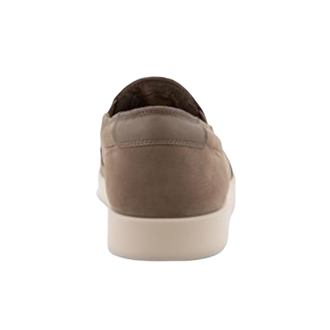 Heel view of the ECCO Men’s Street Lite Slip-On in Taupe, showcasing the padded heel collar, structured rearfoot, and lightweight rubber outsole for stability and traction.