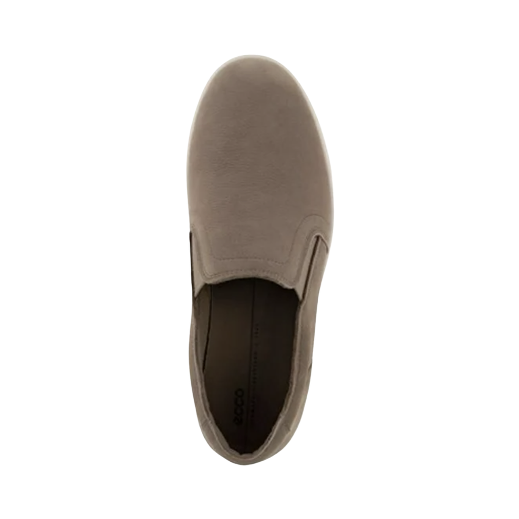 Top view of the ECCO Street Lite Slip-On in Taupe displaying the soft suede upper, convenient elastic side panels, padded collar, and removable insole designed for a secure, comfortable fit while accommodating custom orthotics or supportive inserts.
