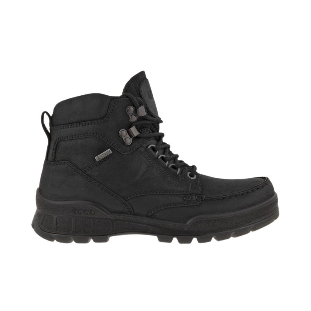 ECCO Track 25 Boot in Black featuring a premium oiled leather upper, GORE-TEX® waterproof membrane, FLUIDFORM™ Direct Comfort Technology, padded collar and tongue, removable insole, and durable PU/TPU outsole designed for rugged performance and all-day comfort.