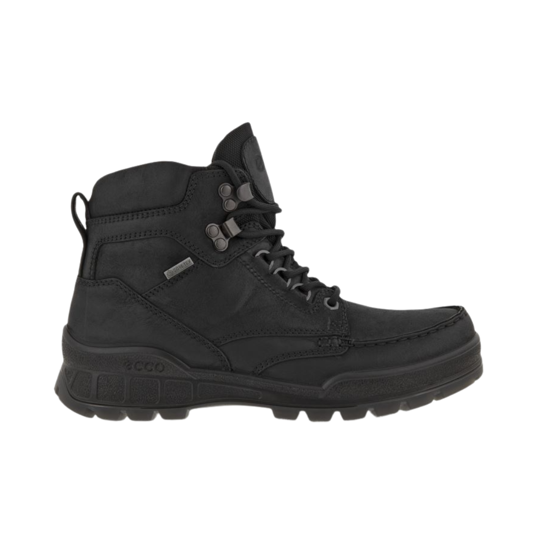 ECCO Track 25 Boot in Black featuring a premium oiled leather upper, GORE-TEX® waterproof membrane, FLUIDFORM™ Direct Comfort Technology, padded collar and tongue, removable insole, and durable PU/TPU outsole designed for rugged performance and all-day comfort.
