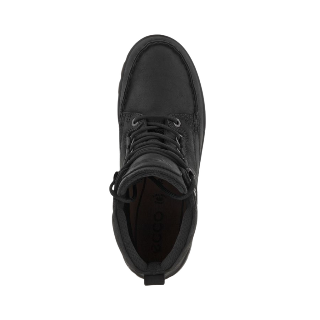 Top view of the ECCO Track 25 Boot in Black displaying the premium oiled leather upper, traditional lace-up system, padded tongue and collar, and removable insole designed to provide a secure, comfortable fit while accommodating custom orthotics or added arch support.