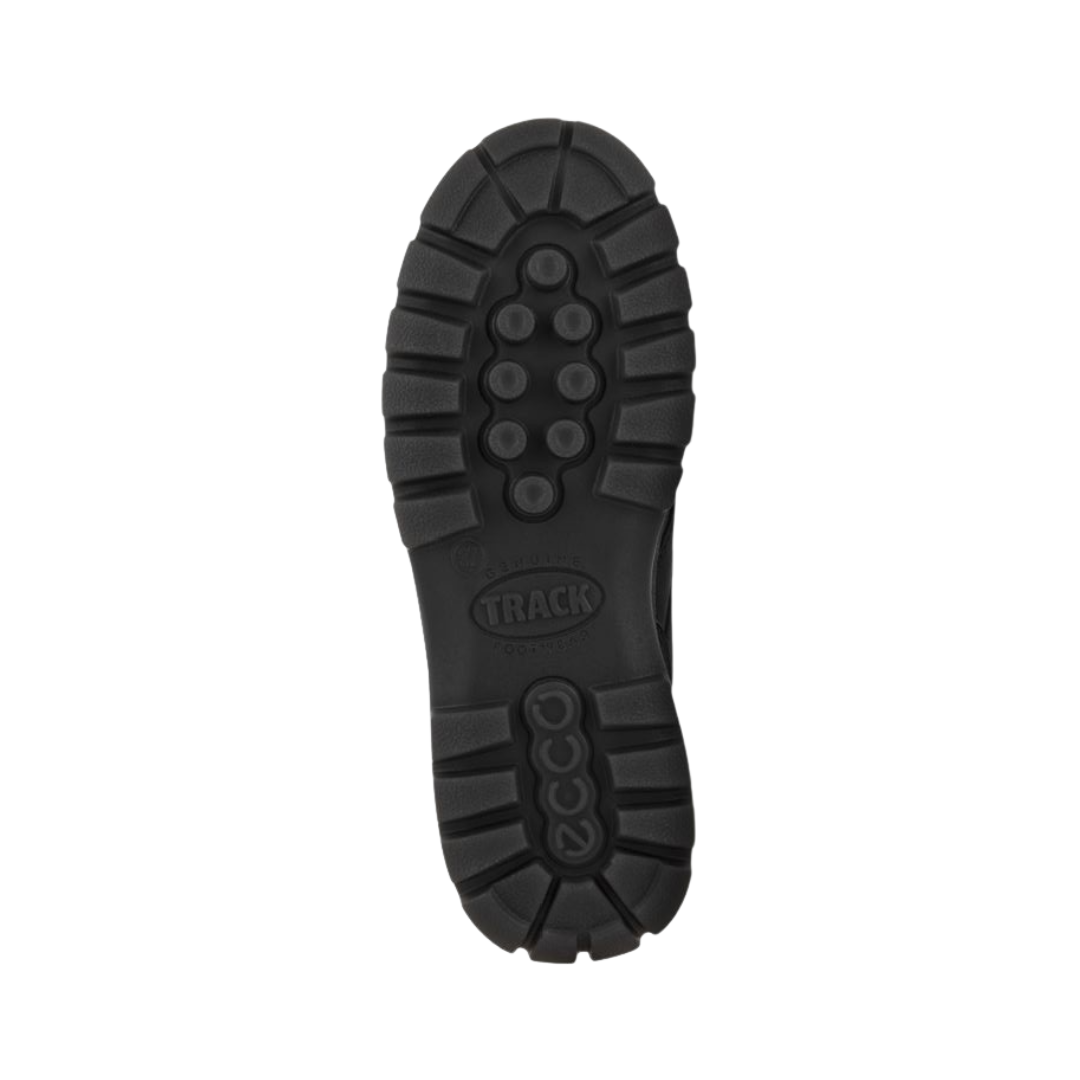 Bottom outsole view of the ECCO Track 25 Boot in Black featuring the durable PU/TPU outsole engineered to provide long-lasting traction, stability, and shock absorption across varied terrain while FLUIDFORM™ Direct Comfort Technology provides cushioned support for conditions such as plantar fasciitis, flat feet, overpronation, metatarsalgia, arthritis, joint pain, and general foot fatigue.