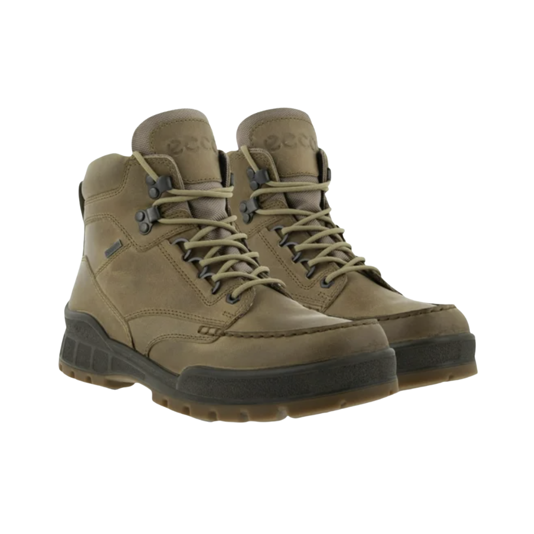 ECCO Track 25 Boot in Nutmeg Brown featuring a premium oiled leather upper, GORE-TEX® waterproof membrane, FLUIDFORM™ Direct Comfort Technology, padded collar and tongue, removable insole, and durable PU/TPU outsole designed for rugged performance and all-day comfort.