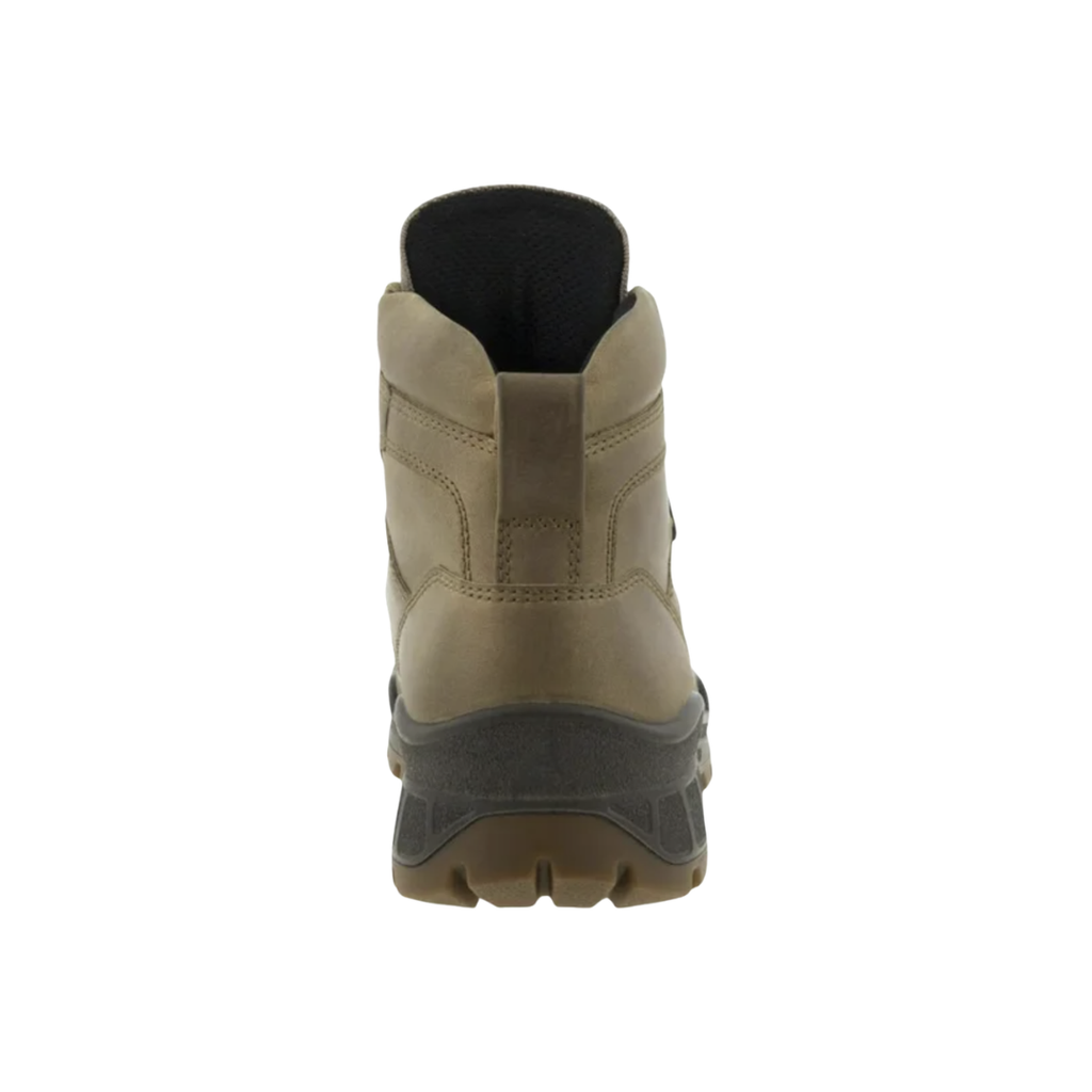 Back heel view of the ECCO Track 25 Boot in Nutmeg Brown highlighting the padded collar, supportive ankle construction, FLUIDFORM™ cushioned sole, and durable PU/TPU outsole designed to provide stability, shock absorption, and reliable traction across varied terrain.
