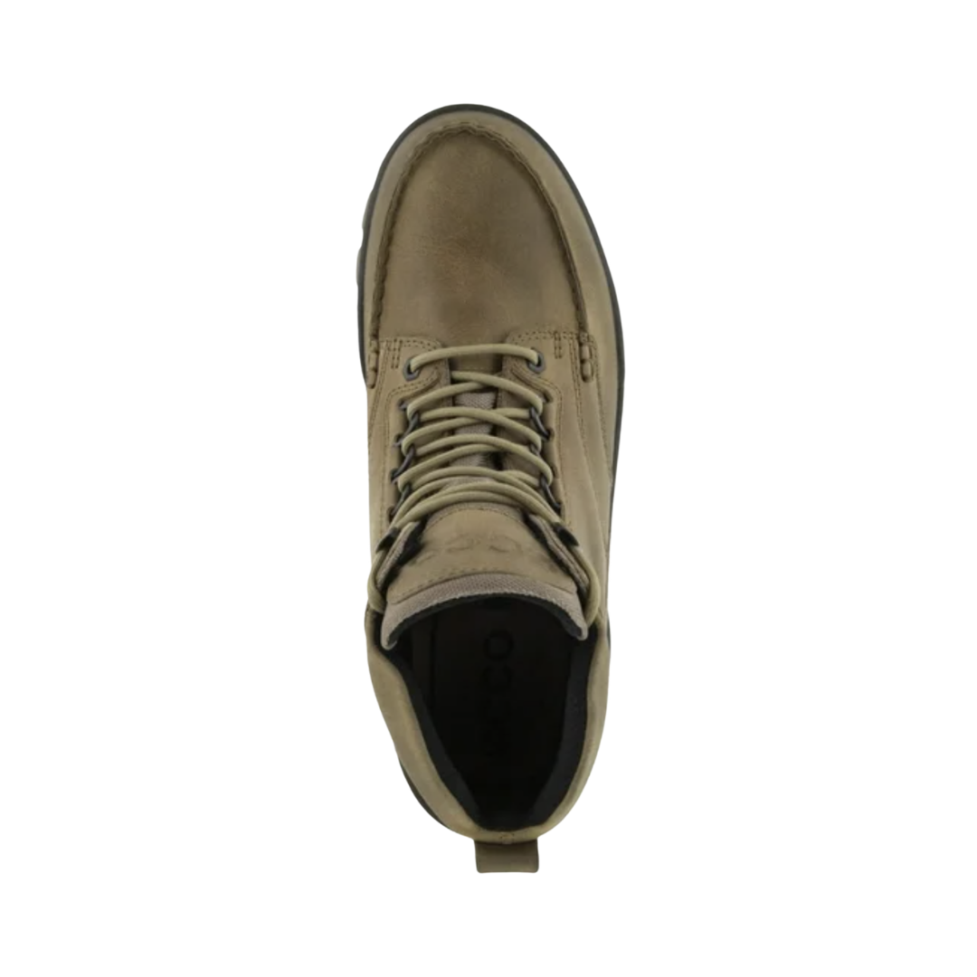 Top view of the ECCO Track 25 Boot in Nutmeg Brown displaying the premium oiled leather upper, traditional lace-up system, padded tongue and collar, and removable insole designed to provide a secure, comfortable fit while accommodating custom orthotics or added arch support.