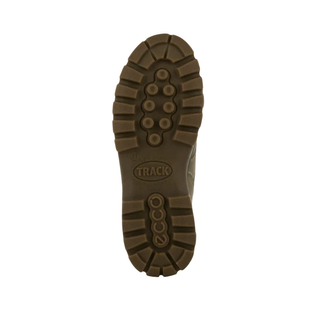 Bottom outsole view of the ECCO Track 25 Boot in Nutmeg Brown featuring the durable PU/TPU outsole engineered to provide long-lasting traction, stability, and shock absorption across varied terrain while FLUIDFORM™ Direct Comfort Technology provides cushioned support for conditions such as plantar fasciitis, flat feet, overpronation, metatarsalgia, arthritis, joint pain, and general foot fatigue.