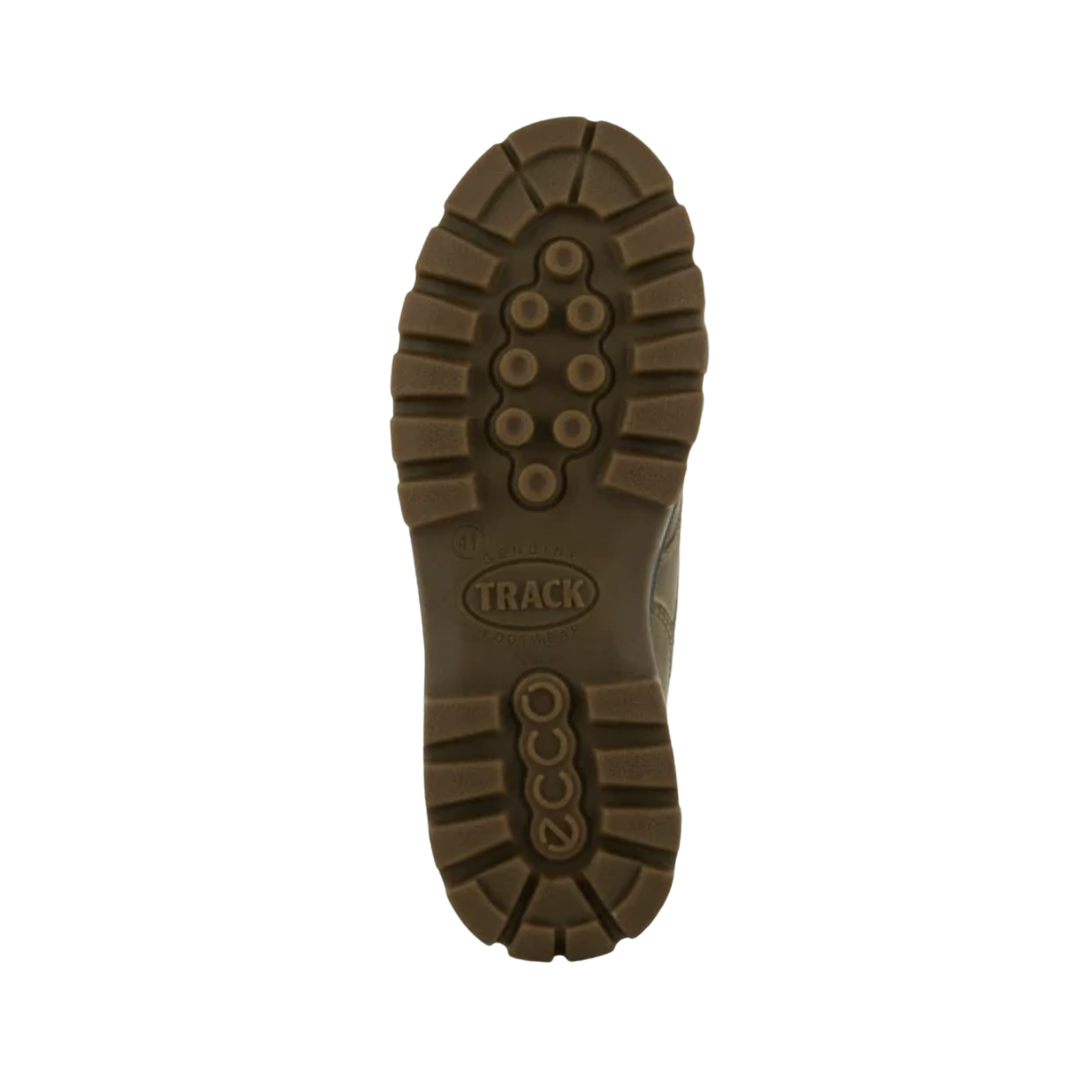 Bottom outsole view of the ECCO Track 25 Boot in Nutmeg Brown featuring the durable PU/TPU outsole engineered to provide long-lasting traction, stability, and shock absorption across varied terrain while FLUIDFORM™ Direct Comfort Technology provides cushioned support for conditions such as plantar fasciitis, flat feet, overpronation, metatarsalgia, arthritis, joint pain, and general foot fatigue.