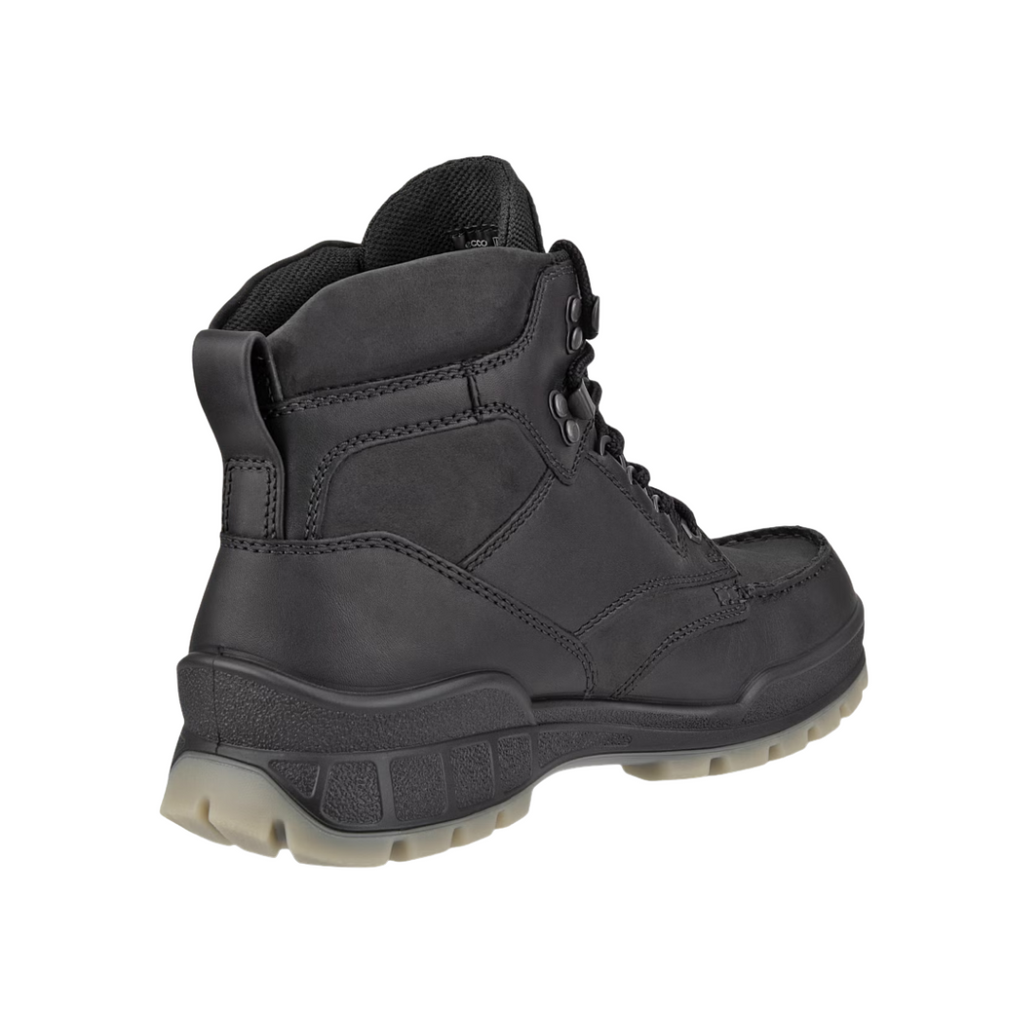 Back heel view of the ECCO Track 25 Boot in Black highlighting the padded collar, supportive ankle construction, FLUIDFORM™ cushioned sole, and PU/TPU dual-density outsole designed to provide stability, shock absorption, and dependable traction on rugged terrain.