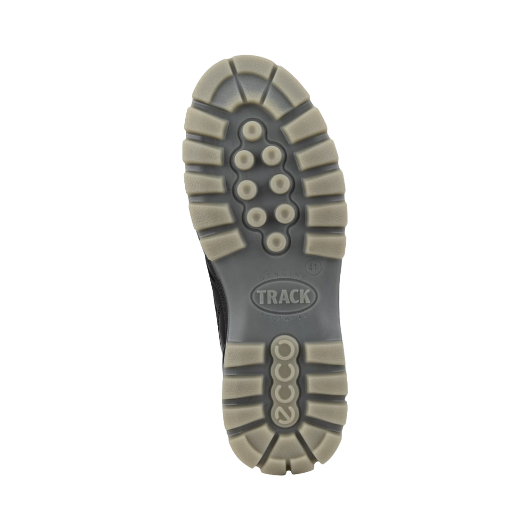 Bottom outsole view of the ECCO Track 25 Boot in Black featuring the durable PU/TPU dual-density outsole engineered to provide long-lasting grip, stability, and shock absorption across rugged terrain while FLUIDFORM™ Direct Comfort Technology provides cushioned support for conditions such as plantar fasciitis, arthritis, joint pain, overpronation, flat feet, metatarsalgia, and general foot fatigue.