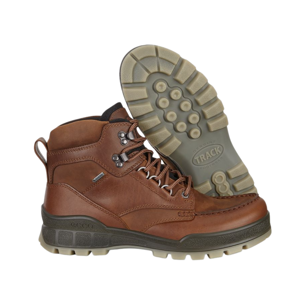 Bottom outsole view of the ECCO Track 25 Boot in Bison featuring the durable PU/TPU outsole engineered to provide long-lasting traction, stability, and shock absorption across varied terrain while FLUIDFORM™ Direct Comfort Technology provides cushioned support for conditions such as plantar fasciitis, flat feet, overpronation, metatarsalgia, arthritis, joint pain, and general foot fatigue.