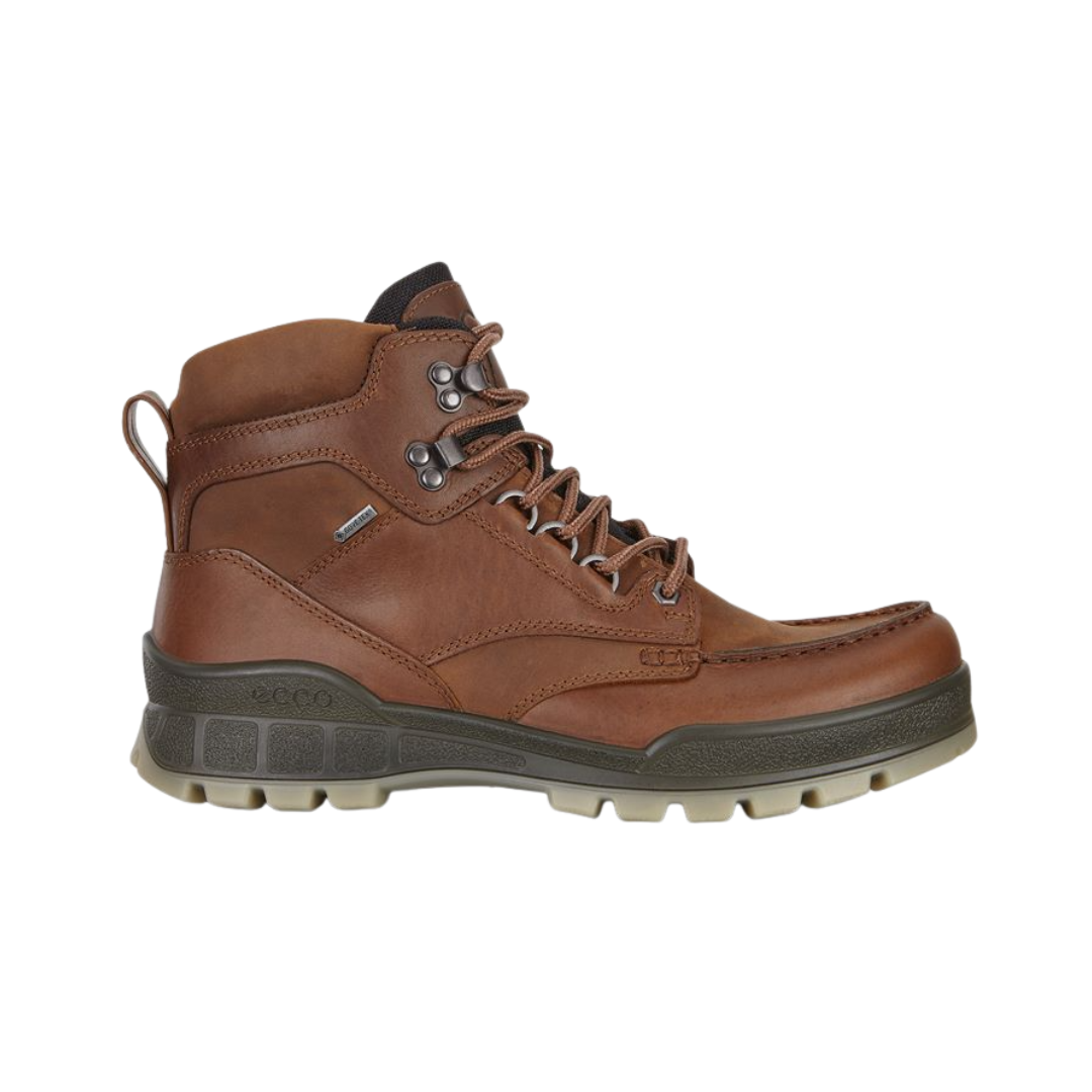 ECCO Track 25 Boot in Bison featuring a premium oiled leather upper, GORE-TEX® waterproof membrane, FLUIDFORM™ Direct Comfort Technology, padded collar and tongue, removable insole, and durable PU/TPU outsole designed for rugged performance and all-day comfort.