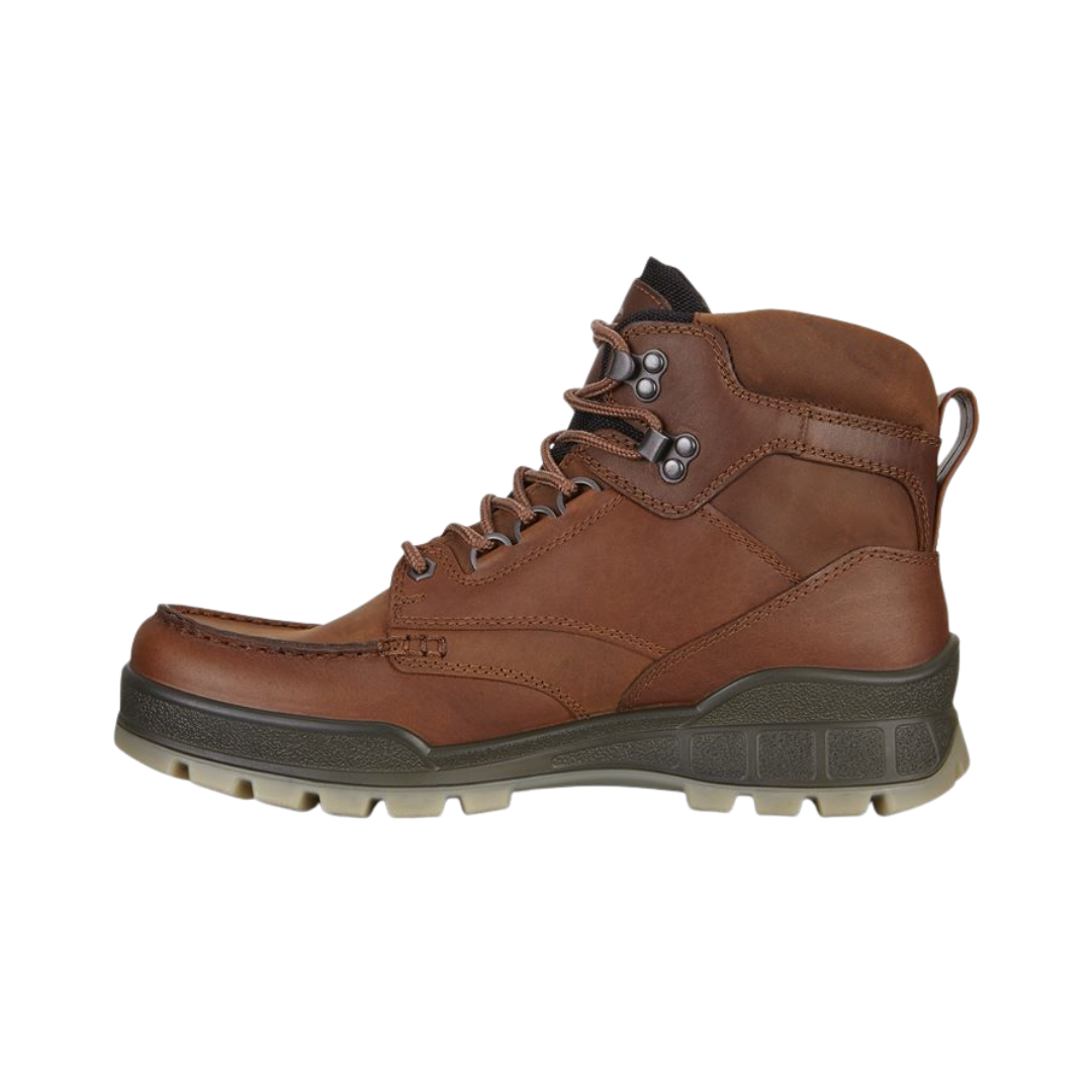 ECCO Track 25 Boot in Bison featuring a premium oiled leather upper, GORE-TEX® waterproof membrane, FLUIDFORM™ Direct Comfort Technology, padded collar and tongue, removable insole, and durable PU/TPU outsole designed for rugged performance and all-day comfort.