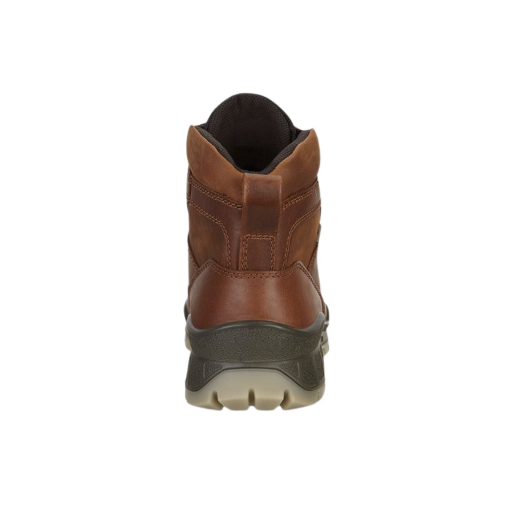 Back heel view of the ECCO Track 25 Boot in Bison highlighting the padded collar, supportive ankle construction, FLUIDFORM™ cushioned sole, and durable PU/TPU outsole designed to provide stability, shock absorption, and reliable traction across varied terrain.
