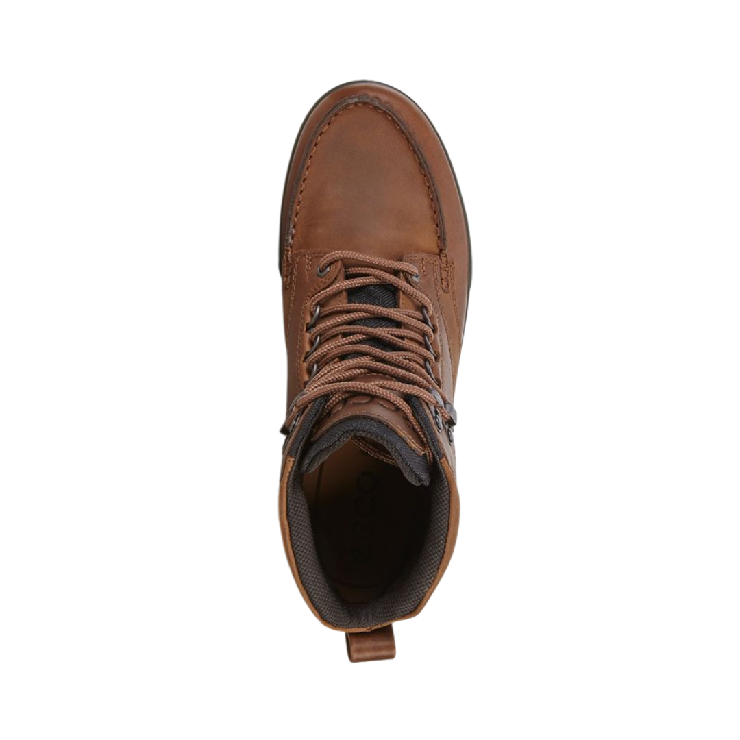 Top view of the ECCO Track 25 Boot in Bison displaying the premium oiled leather upper, traditional lace-up system, padded tongue and collar, and removable insole designed to provide a secure, comfortable fit while accommodating custom orthotics or added arch support.