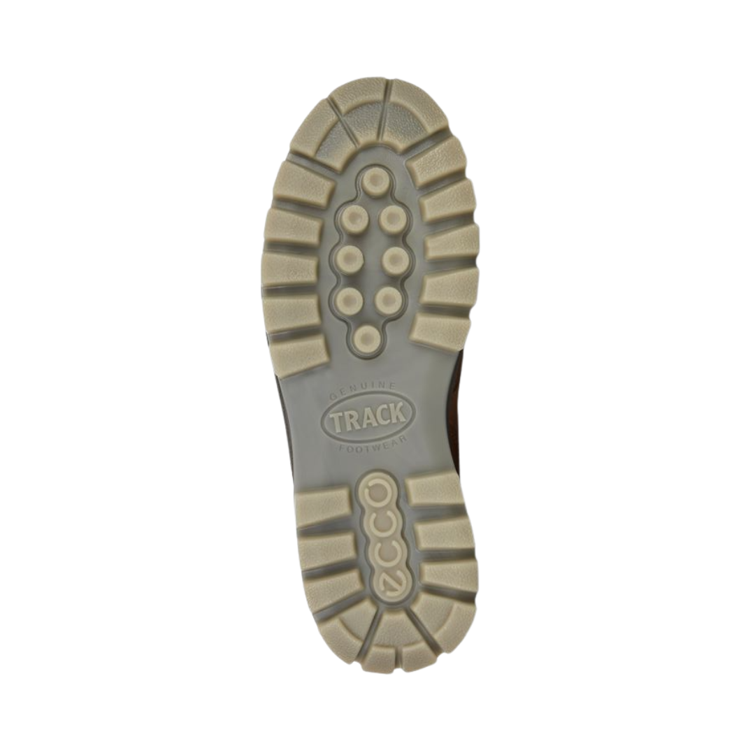 Bottom outsole view of the ECCO Track 25 Boot in Bison featuring the durable PU/TPU outsole engineered to provide long-lasting traction, stability, and shock absorption across varied terrain while FLUIDFORM™ Direct Comfort Technology provides cushioned support for conditions such as plantar fasciitis, flat feet, overpronation, metatarsalgia, arthritis, joint pain, and general foot fatigue.
