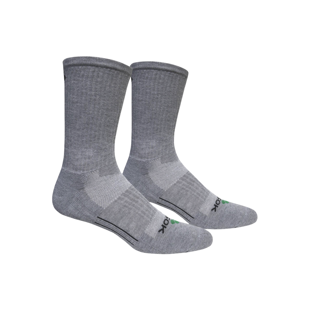 FitSok CF2 Crew Sock in Grey featuring a moisture-wicking performance fabric, targeted cushioning, arch compression, mesh ventilation, and a ribbed stay-up cuff for secure, comfortable wear during workouts and everyday activities.