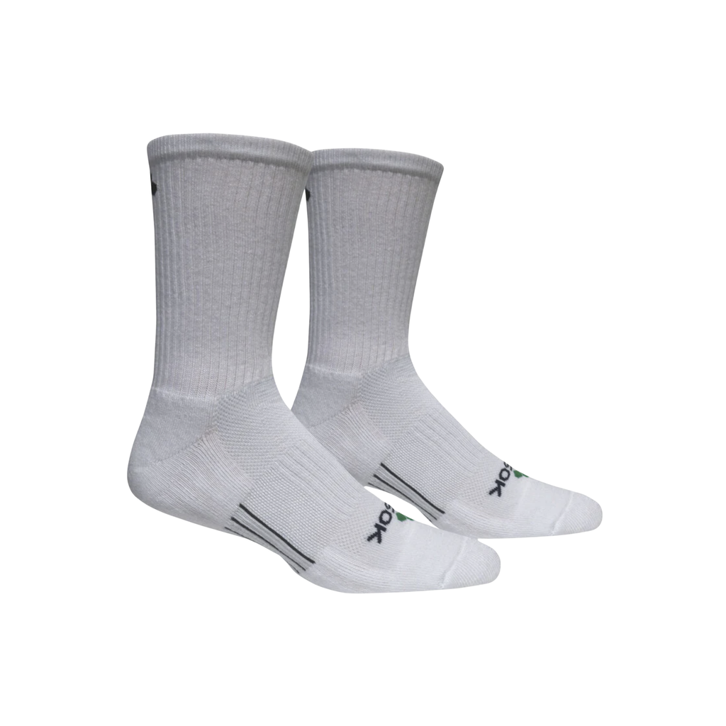 FitSok CF2 Crew Sock in White featuring a moisture-wicking performance fabric, targeted cushioning, arch compression, mesh ventilation, and a ribbed stay-up cuff for secure, comfortable wear during workouts and everyday activities.