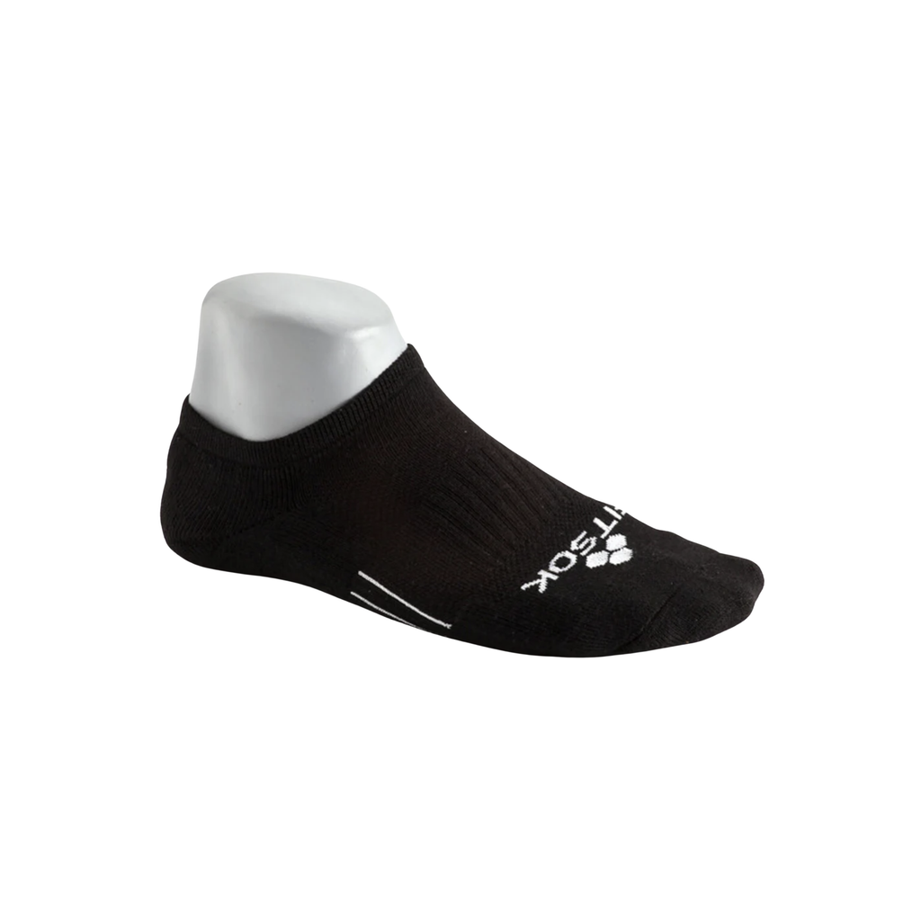 FitSok CF2 Cushion No-Show Sock in Black featuring a low-profile design, moisture-wicking FitDry™ fabric, cushioned footbed, targeted arch compression, mesh ventilation, and reinforced construction for athletic and everyday wear.