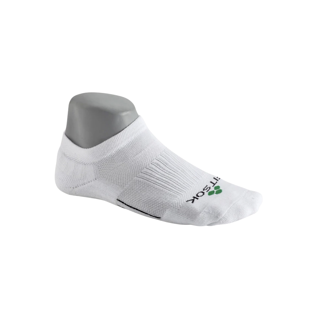 FitSok CF2 Cushion No-Show Sock in White featuring a low-profile design, moisture-wicking FitDry™ fabric, cushioned footbed, targeted arch compression, mesh ventilation, and reinforced construction for athletic and everyday wear.